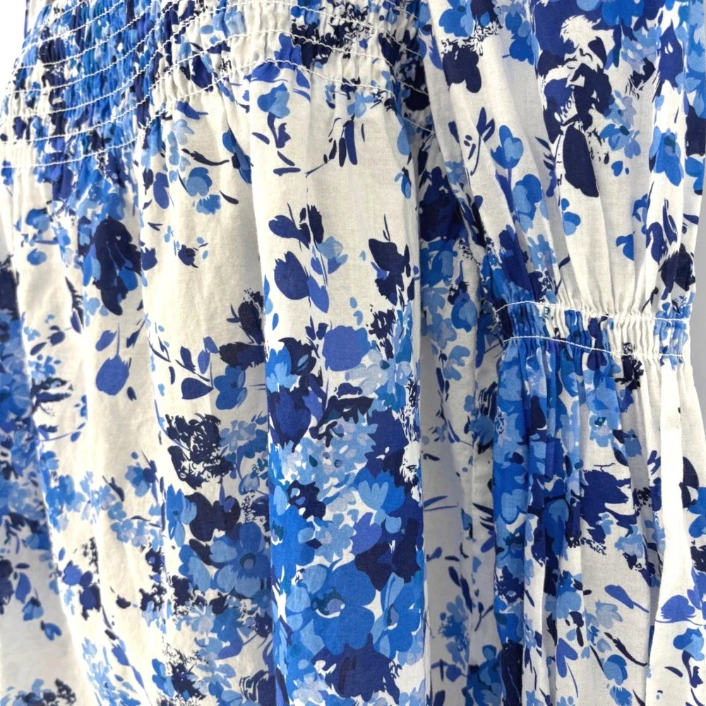 Tuckernuck Blue Floral Smocked Square Neck Cotton Puff Sleeve Blouse Medium